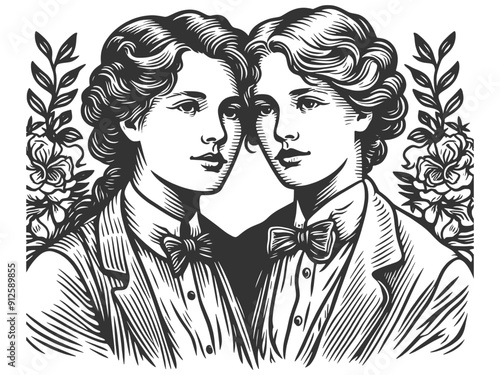 two women in bow ties and formal attire, framed by floral elements sketch engraving generative ai fictional character vector illustration. Scratch board imitation. Black and white image.