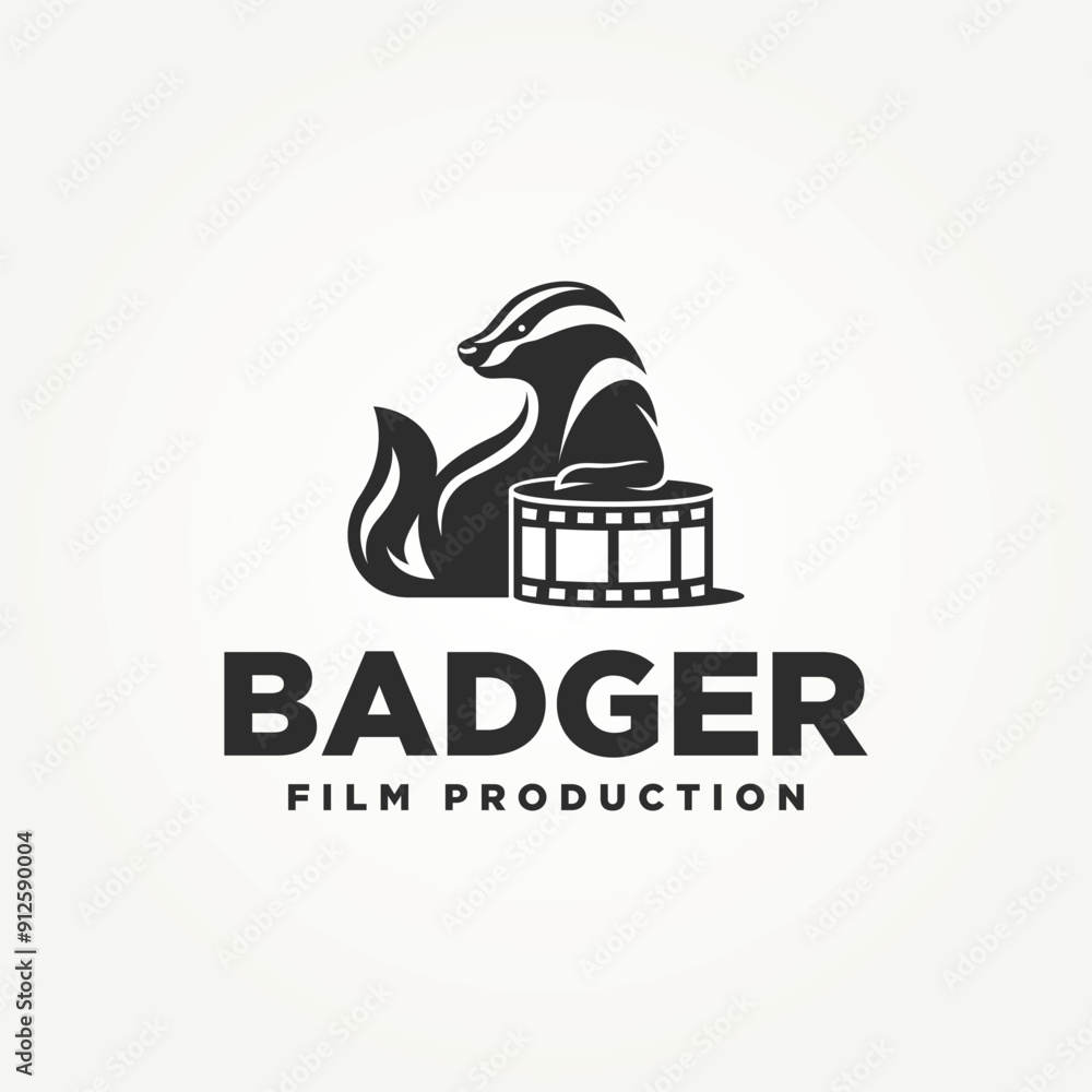 Obraz premium silhouette honey badger sitting on a film reel icon logo vector illustration design. simple modern film production logo concept