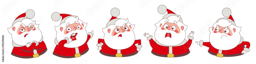 Set of characters of angry Santa Claus with negative emotions for adds and stickers Set of characters of angry Santa Claus with negative emotions for adds and stickers