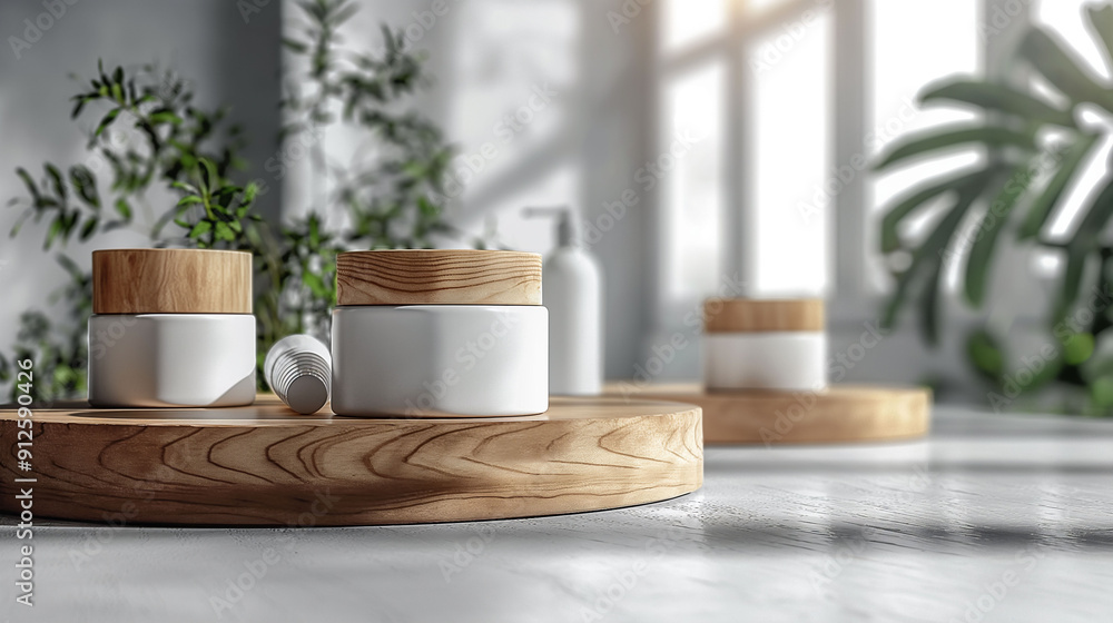 The minimalist skincare concept with natural wooden elements, lotion containers, plant in the modern well-lit room, skincare products, natural beauty concept. The minimalist skincare concept with natural wooden elements, lotion containers, plant in the modern well-lit room, skincare products, natural beauty concept.