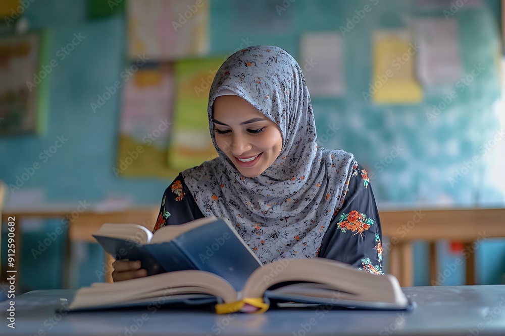 Smiling Hijab-Wearing Female Teacher in Classroom Setting Smiling Hijab-Wearing Female Teacher in Classroom Setting