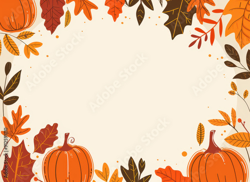 Autumn background vector design with pumpkins and fall leaves frame on beige color