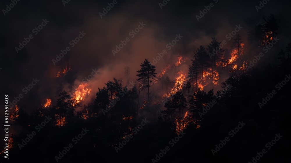 Naklejka premium Forest Fire at Night with Trees Ablaze in a Fiery Inferno