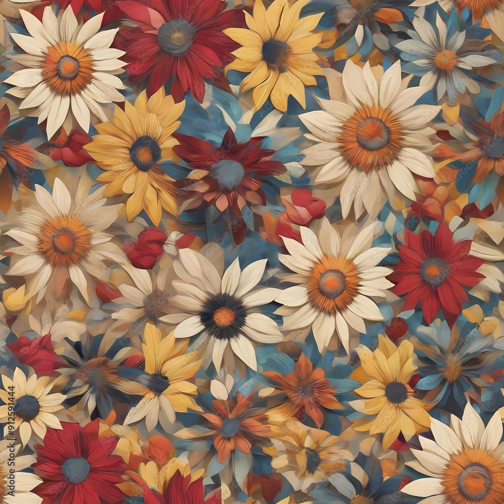 Patchwork Petals: A quilt-like pattern with various floral motifs like daisies, sunflowers, and roses in a variety of colors. Patchwork Petals: A quilt-like pattern with various floral motifs like daisies, sunflowers, and roses in a variety of colors.