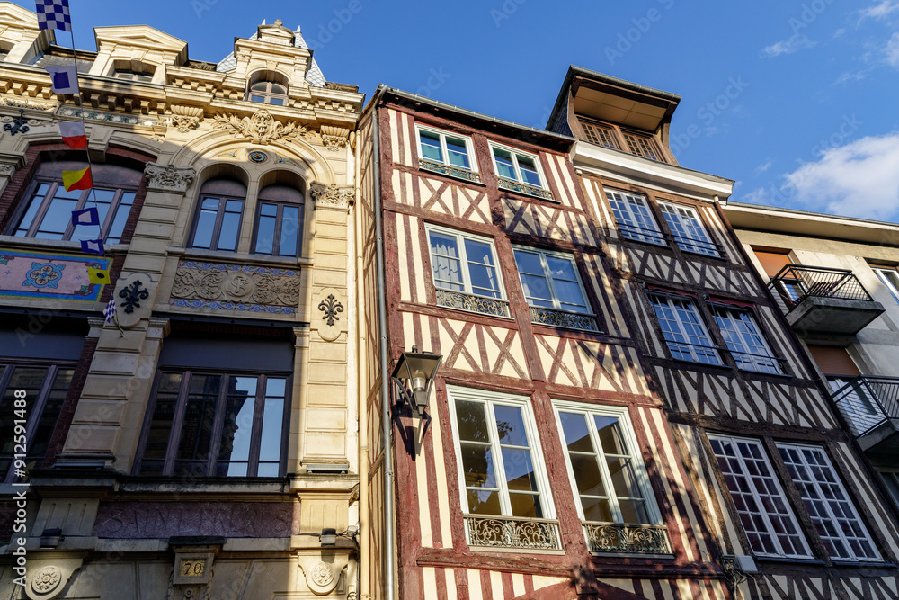 Fototapeta premium Rouen, Normandy, Place de la Pucelle, typical half-timbered houses facades