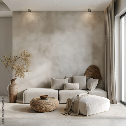 Aesthetic elegant minimalist japandi interior design. Clear mock up empty wall for decoration. Copy space. Neutral palette of natural colors. photo