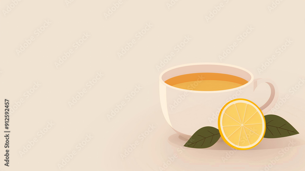 Cup of Tea with Lemon Slice and Leaves on Beige Background, Suitable for Cozy and Calm Morning Themes, Beverage Branding, and Health and Wellness Concepts Clean Minimalist Illustration Cup of Tea with Lemon Slice and Leaves on Beige Background, Suitable for Cozy and Calm Morning Themes, Beverage Branding, and Health and Wellness Concepts Clean Minimalist Illustration