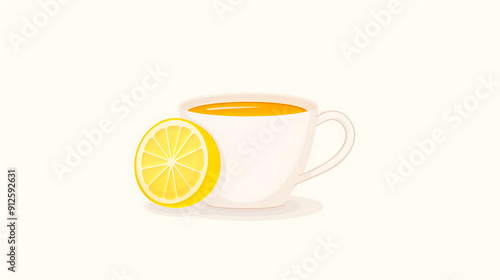 Clean Minimalist Illustration of a Cup of Tea with a Lemon Slice, Simple Design Ideal for Health, Wellness Themes, Warm Beverage Representation, Perfect for Kitchen and Cafe Decor, Beverage Promotions