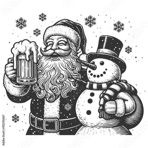 Santa Claus and a snowman drinking beer festive drinks, joyful and celebratory winter scene sketch engraving generative ai vector illustration. Scratch board imitation. Black and white image.