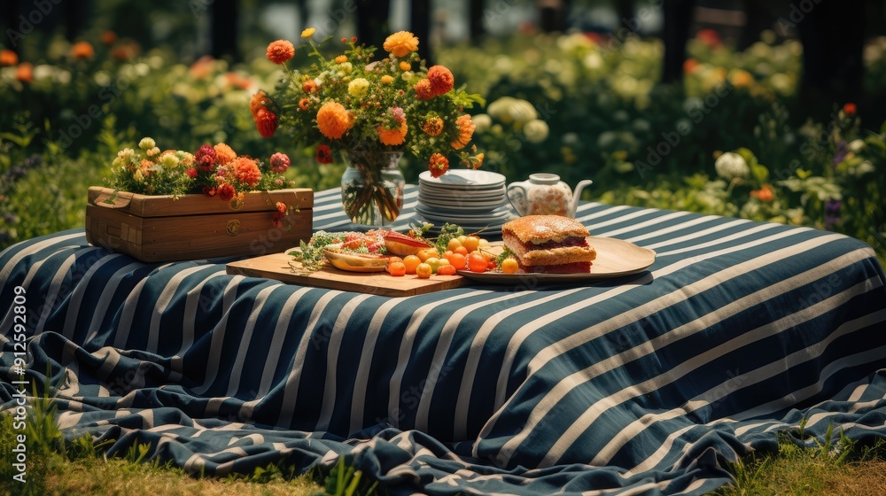 Picnic blanket spread out on green grass Picnic blanket spread out on green grass