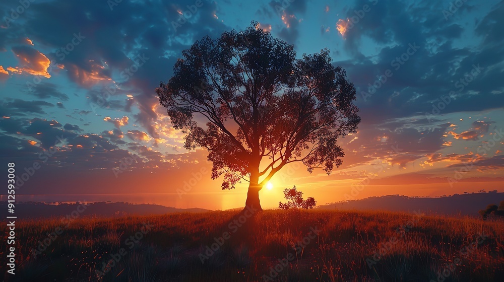 A lone tree silhouetted against a fiery sunset on a desert landscape. A lone tree silhouetted against a fiery sunset on a desert landscape.