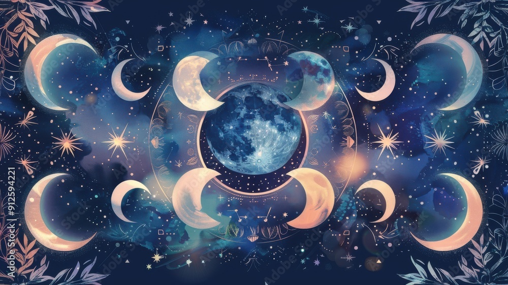 Glowing moons in a circle representing lunar phases with stars and cosmic elements in an artistic whimsical illustration Glowing moons in a circle representing lunar phases with stars and cosmic elements in an artistic whimsical illustration