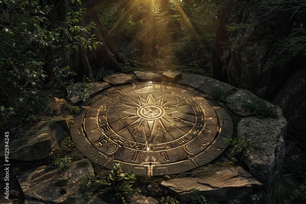 Mysterious stone compass illuminating by warm sunlight in a wild forest Mysterious stone compass illuminating by warm sunlight in a wild forest