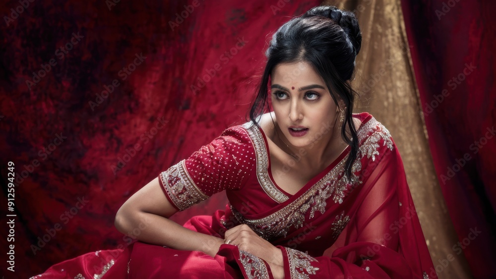 A woman in a red sari sitting on the floor, AI A woman in a red sari sitting on the floor, AI
