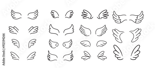 Doodle of sketch angel wings. Angel feather wing, silhouette. Linear fly winged angels, flying heaven.