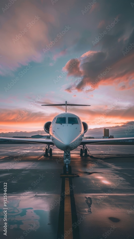 Obraz premium A private jet awaits its flight against a vibrant sunset sky filled with clouds