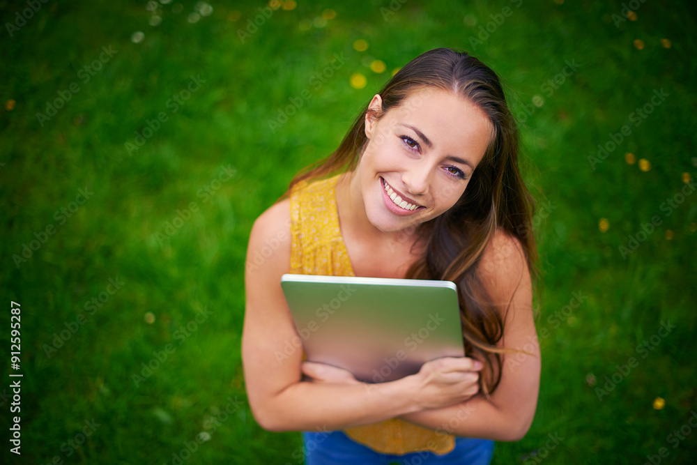 Laptop, hug and portrait of woman in nature for research, education and online learning. Happy, college student and computer or technology in park or grass for connection, freedom and internet or web Laptop, hug and portrait of woman in nature for research, education and online learning. Happy, college student and computer or technology in park or grass for connection, freedom and internet or web