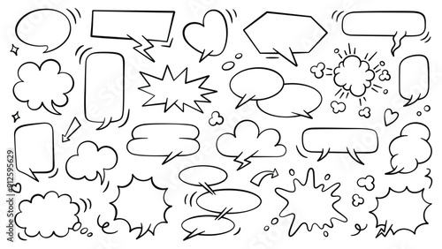 Empty hand drawn comic speech bubble collection. Set of monochrome doodle clouds. Retro comic speech templates for dialogues