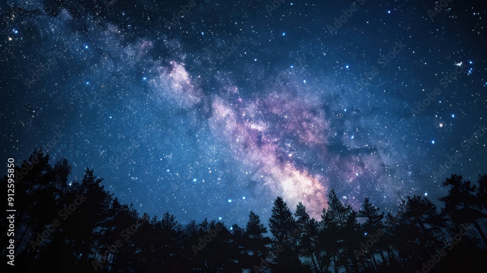 Milky Way visible in a night sky filled with twinkling stars creating a ...