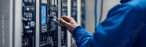 Engineer Working on a Blue Cabinet in a Modern Laboratory