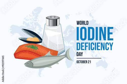 World Iodine Deficiency Day poster vector illustration. Salt shaker, fish, seafood vector. Iodine food sources symbol. Template for background, banner, card. October 21 every year. Important day