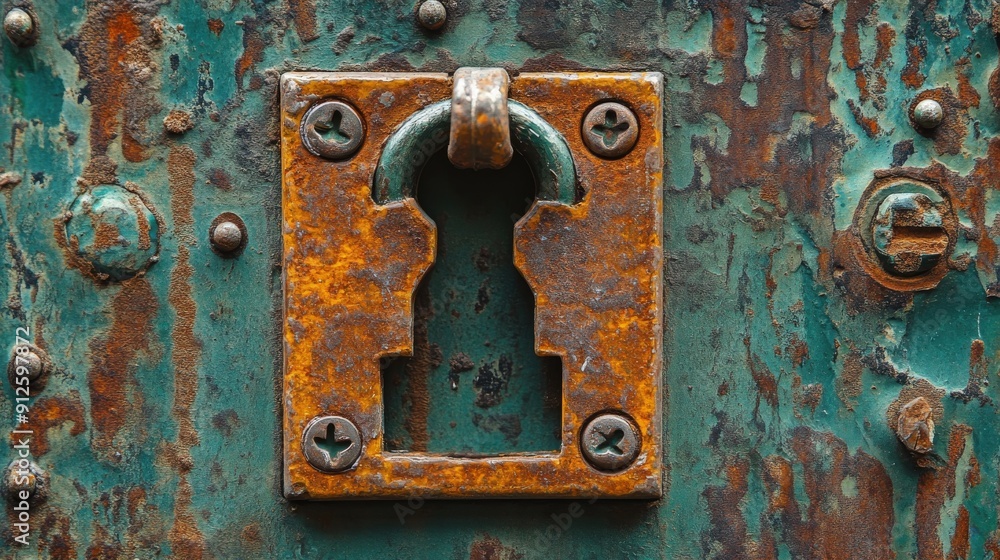 Close-up of a rusty metal door with a keyhole. Close-up of a rusty metal door with a keyhole.