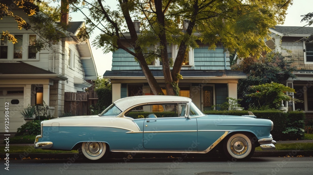 Classic American Car Parked on a Residential Street. Classic American Car Parked on a Residential Street.