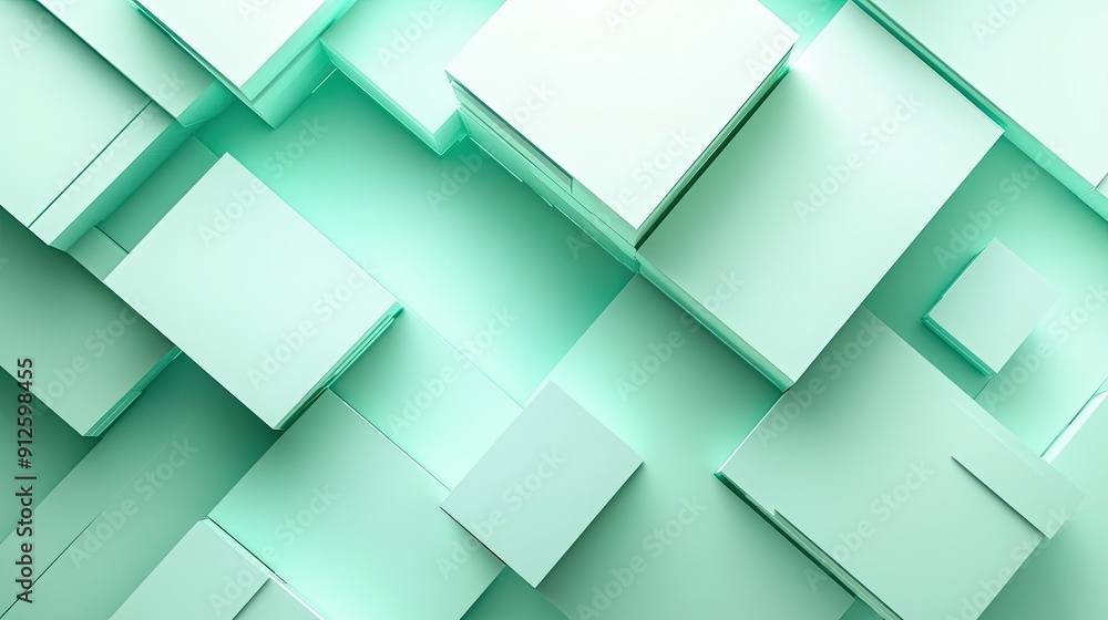 Fototapeta premium Abstract 3D light green background with geometric shapes and light shadows, creating a sense of depth and elegance.
