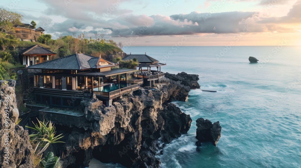 beautiful black villa on the edge of cliff by the ocean with rocky cliffs and cozy pool, ornate details, elegant architecture beautiful black villa on the edge of cliff by the ocean with rocky cliffs and cozy pool, ornate details, elegant architecture