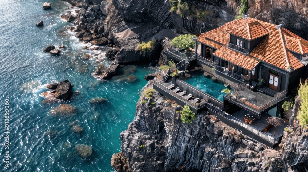 beautiful black villa on the edge of cliff by the ocean with rocky cliffs and cozy pool, ornate details, elegant architecture beautiful black villa on the edge of cliff by the ocean with rocky cliffs and cozy pool, ornate details, elegant architecture