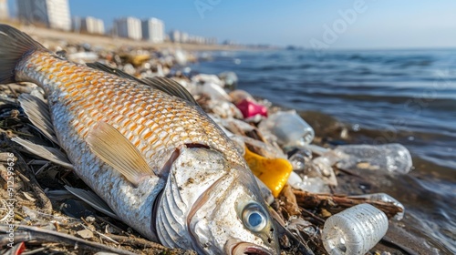 A polluted beach with a dead fish washed up on the shore and plastic debris around it photo