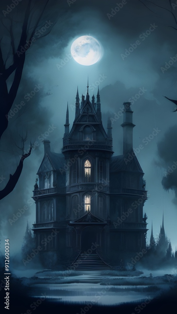 Artistic concept painting of a haunted house in a foggy full moon night. An old vintage creepy mansion painted with dark ink. Halloween background image. Artistic concept painting of a haunted house in a foggy full moon night. An old vintage creepy mansion painted with dark ink. Halloween background image.
