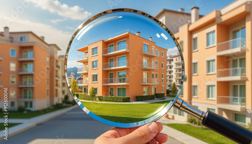 A closer look at property apartment or house with a magnifying glass, house hunting, buying a house or financing a apartment