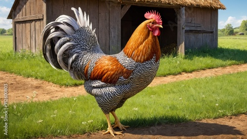 A proud rooster stands in a sunny, idyllic farm setting with a rustic barn in the background, surrounded by lush green fields, trees, and wildflowers under a bright blue sky. A chicken.