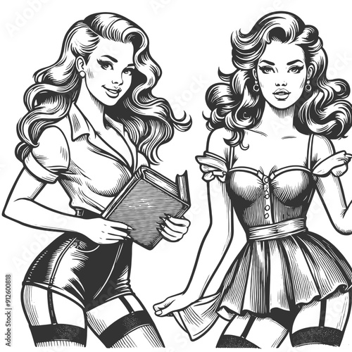 pin-up girl with book, retro charm and classic beauty in a detailed style sketch engraving generative ai fictional character vector illustration. Scratch board imitation. Black and white image.