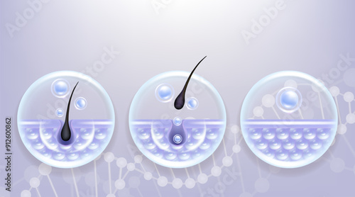 Hyaluronic acid before and after hair removal and skin solutions ad. blue collagen serum drop into skin cells with cosmetic advertising background ready to use, illustration vector.