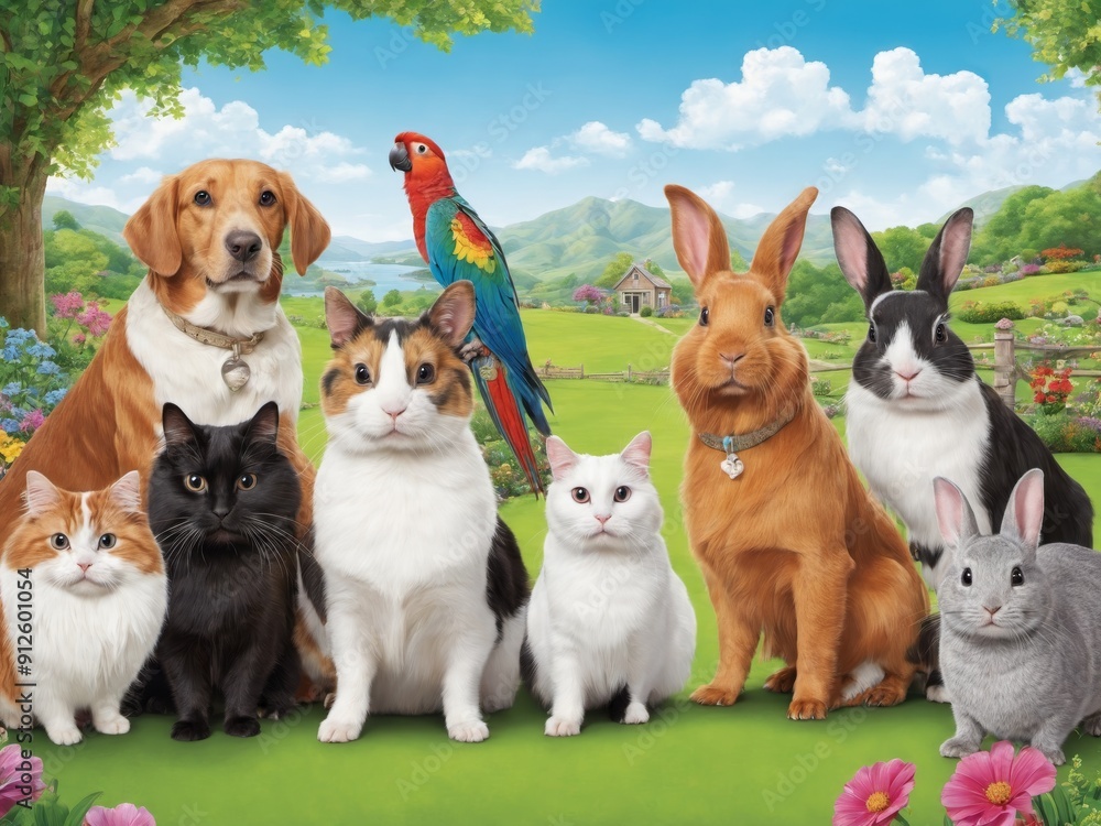 A group of adorable pets, including a dog, cat, parrot, and rabbits, gathered in a vibrant garden filled with colorful flowers, creating a cheerful and harmonious outdoor scene. A group of adorable pets, including a dog, cat, parrot, and rabbits, gathered in a vibrant garden filled with colorful flowers, creating a cheerful and harmonious outdoor scene.