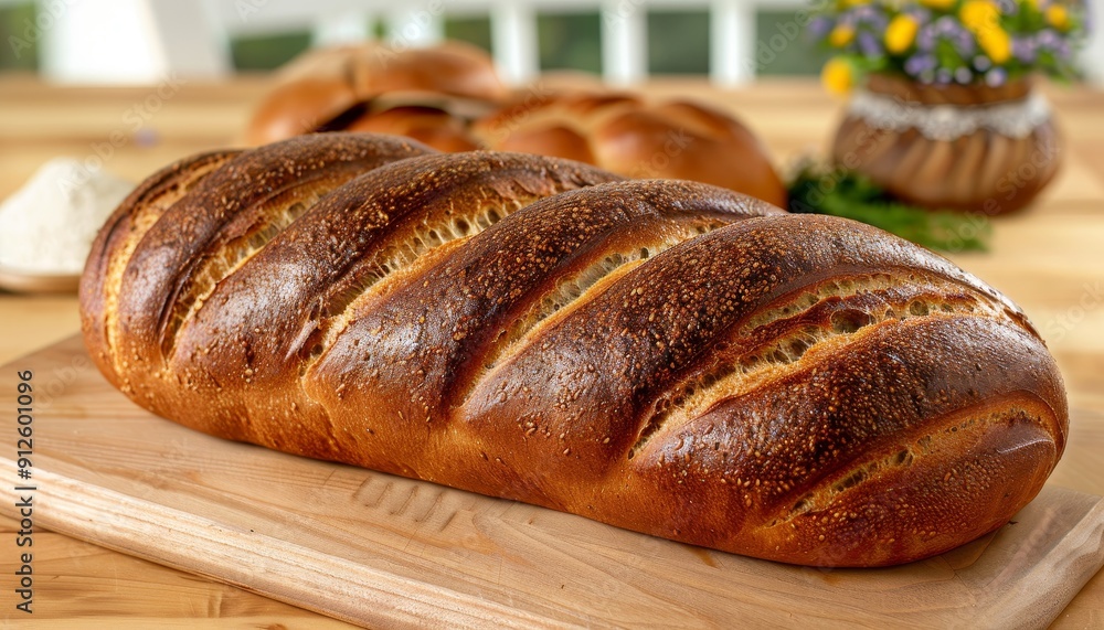 Freshly Baked Loaf of Artisan Bread on Rustic Board, Other Loaves Blurred in Background Freshly Baked Loaf of Artisan Bread on Rustic Board, Other Loaves Blurred in Background