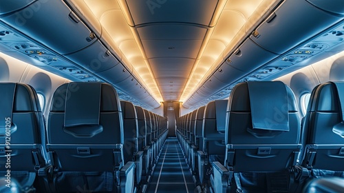 Empty airplane cabin with neatly arranged seats and seatbelts fastened  showcasing the spacious and clean environment
