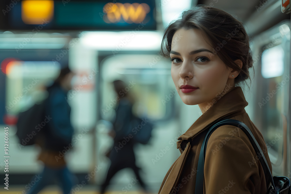 A woman is standing in a subway station with a red lipstick on A woman is standing in a subway station with a red lipstick on