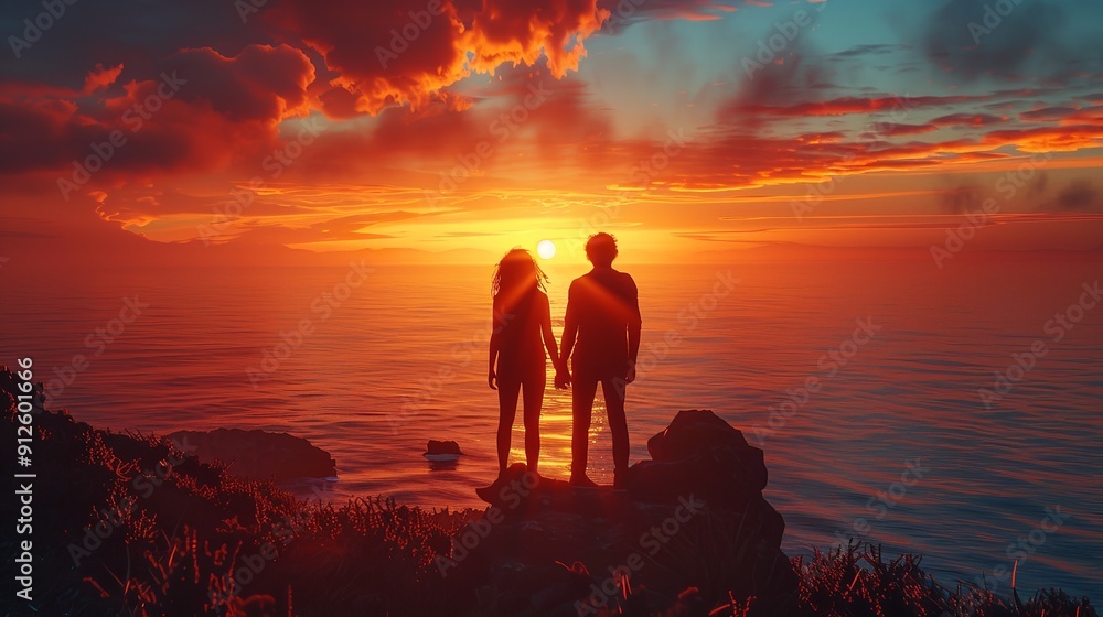 Fototapeta premium group of people holding a flag with pride against a beautiful sunset sky