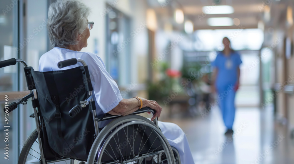 Obraz premium Senior person in wheelchair in hospital corridor with nurse