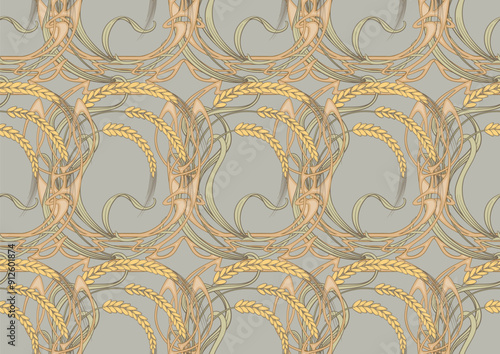 Ears of cereal, wheat or rye Seamless border pattern, linear ornament, ribbon Vector illustration. Outline hand drawing. In art nouveau style, vintage, old, retro style.