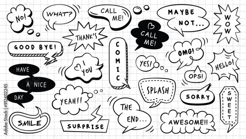 Cartoon comic speech bubble collection. Set of hand drawn doodle clouds. Retro comic speech dialogues.