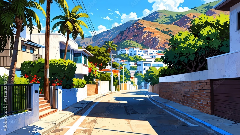 Fototapeta premium a street in a beach in california usa aesthetic anime style for background