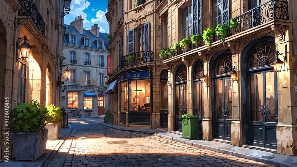 Fototapeta premium a street in france aesthetic anime style for background