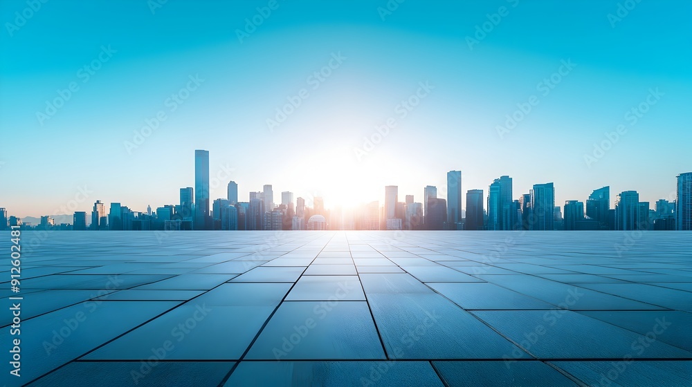 Expansive Skyline with Empty Concrete Square in Foreground at SunriseSunset Expansive Skyline with Empty Concrete Square in Foreground at SunriseSunset
