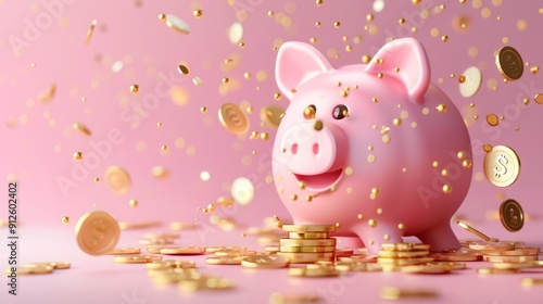 Piggy Bank Prosperity, A 3D rendering of a delighted pink piggy bank basking in a cascade of golden coins against a soft pink background