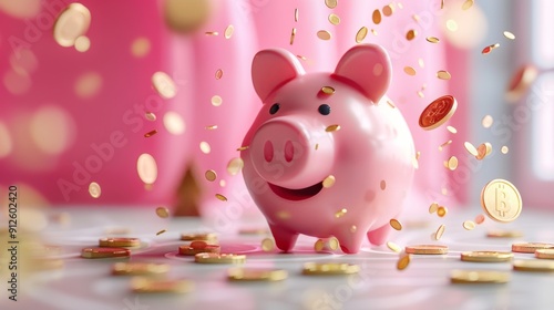A 3D rendering of a delighted pink piggy bank basking in a cascade of golden coins against a soft pink background. This image symbolizes financial growth and prosperity