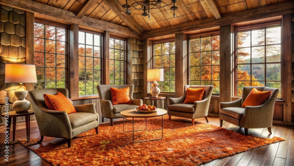 Cozy rustic room features natural wood shingles flooring, vibrant orange accent chairs, and a unique brown petal rug, evoking a sense of autumnal warmth and comfort. Cozy rustic room features natural wood shingles flooring, vibrant orange accent chairs, and a unique brown petal rug, evoking a sense of autumnal warmth and comfort.